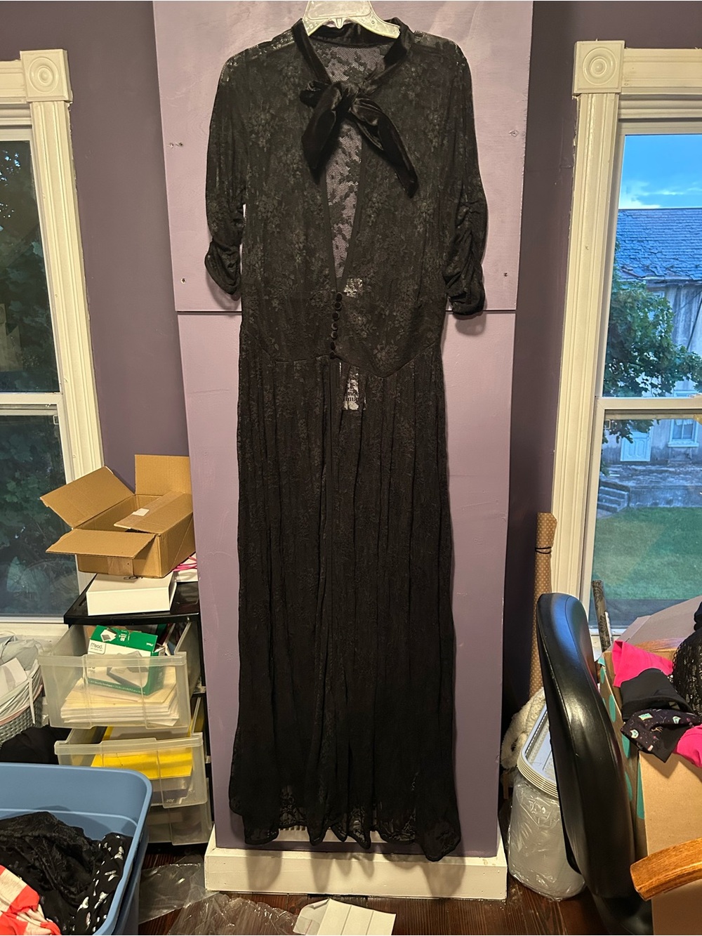 Unique vintage Black lace maxi kimono with velvet bow detail, size 1X